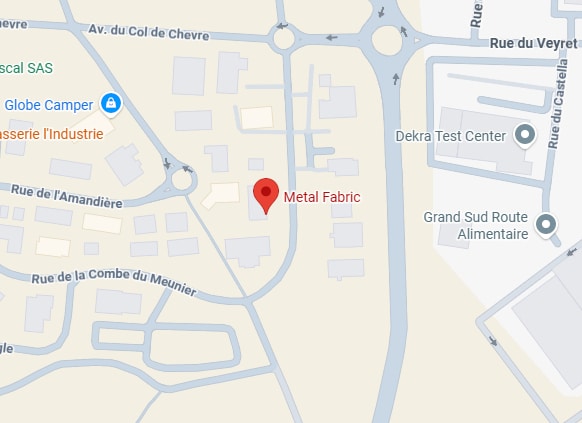 Metal Fabric : carte de localisation et accès zone industrielle. Carte de localisation de Metal Fabric dans une zone industrielle. Repère rouge près du Dekra Test Center, Rue de l'Amandière et Av. du Col de Chèvre.